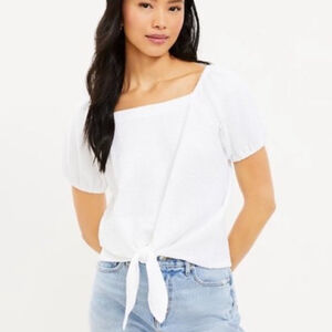 LOFT White Seersucker Tie Waist Blouse Top Size Medium